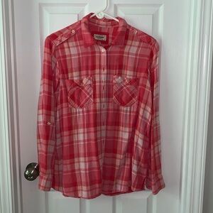 Express Coral and white plaid button up shirt